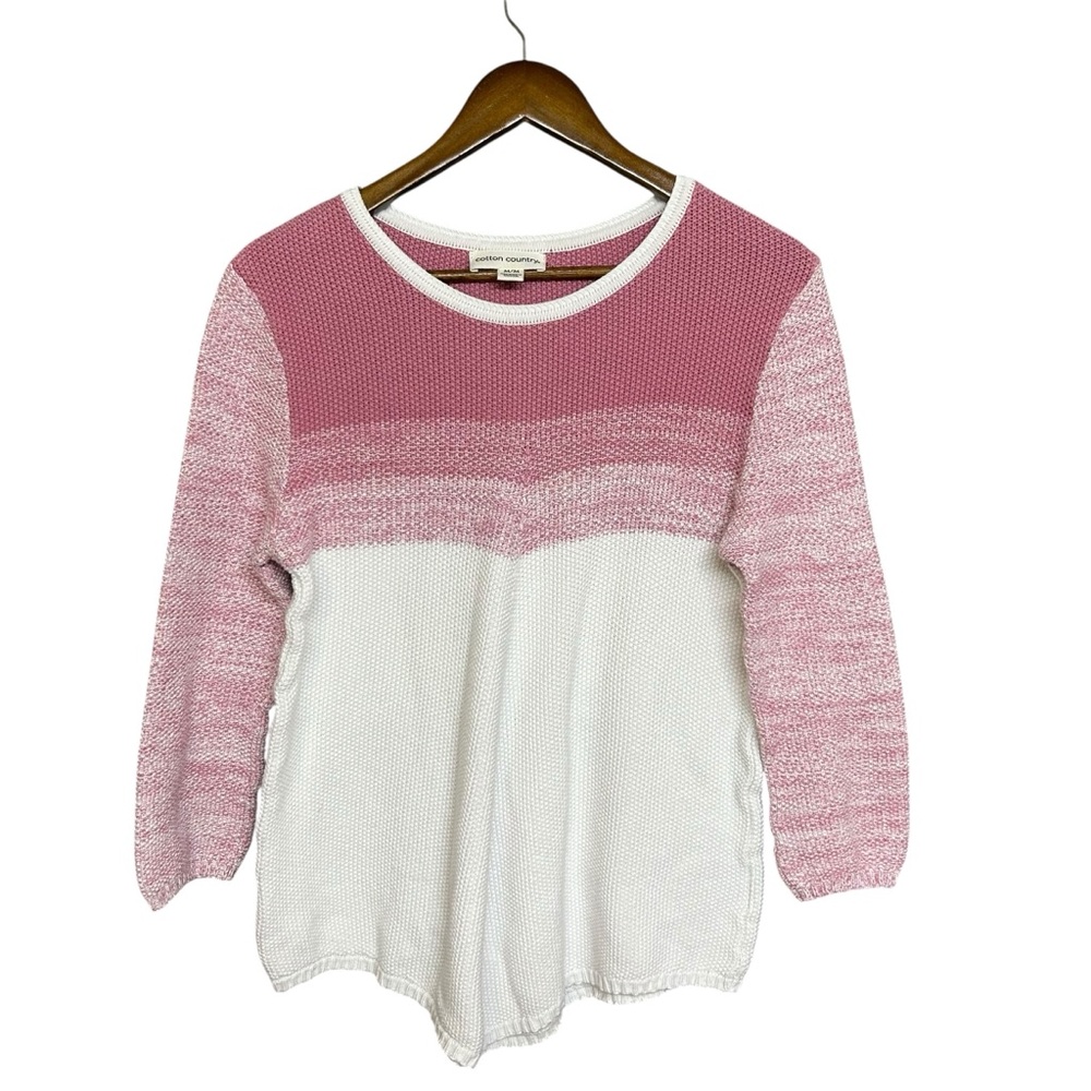 Cotton Country Pink White Nubby Waffle Knit Long Sleeve Top Size M